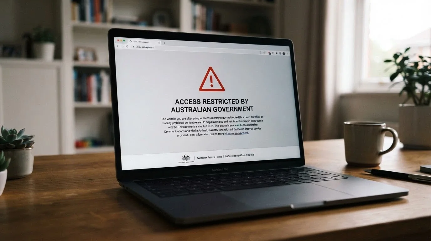 ACMA website blocking notice displayed in a browser window with the stop sign and explanatory text