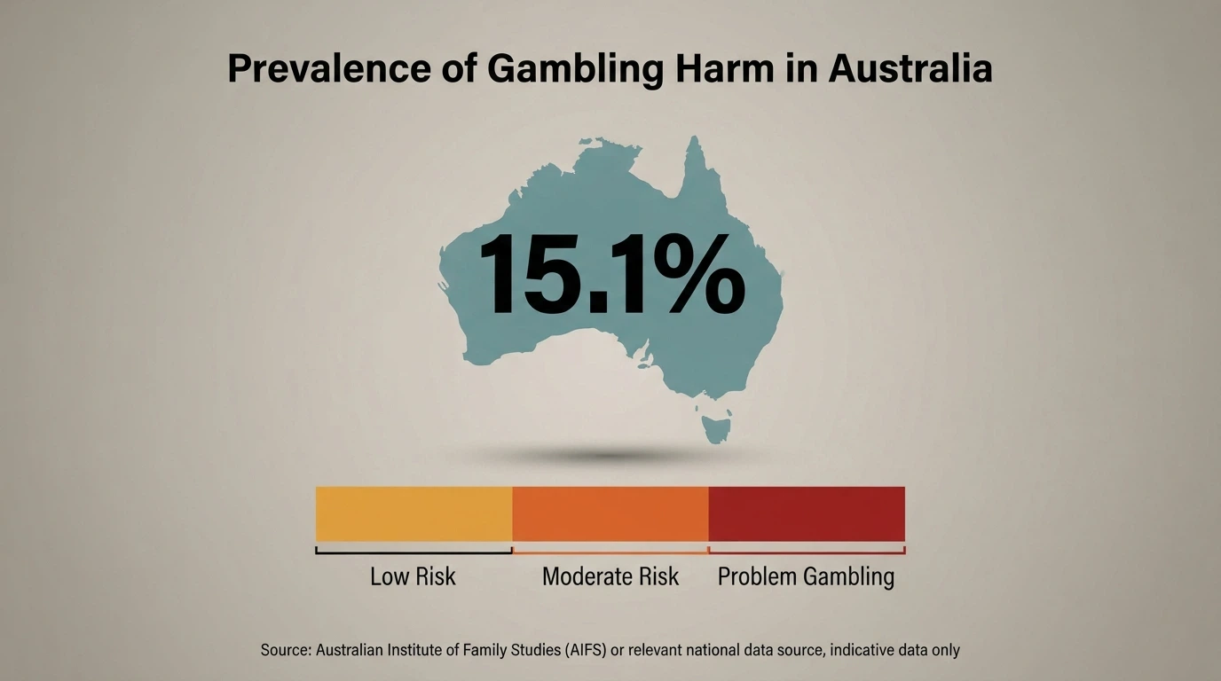 Infographic showing 15.1 percent of Australian adults affected by gambling harm with a map of Australia in the background